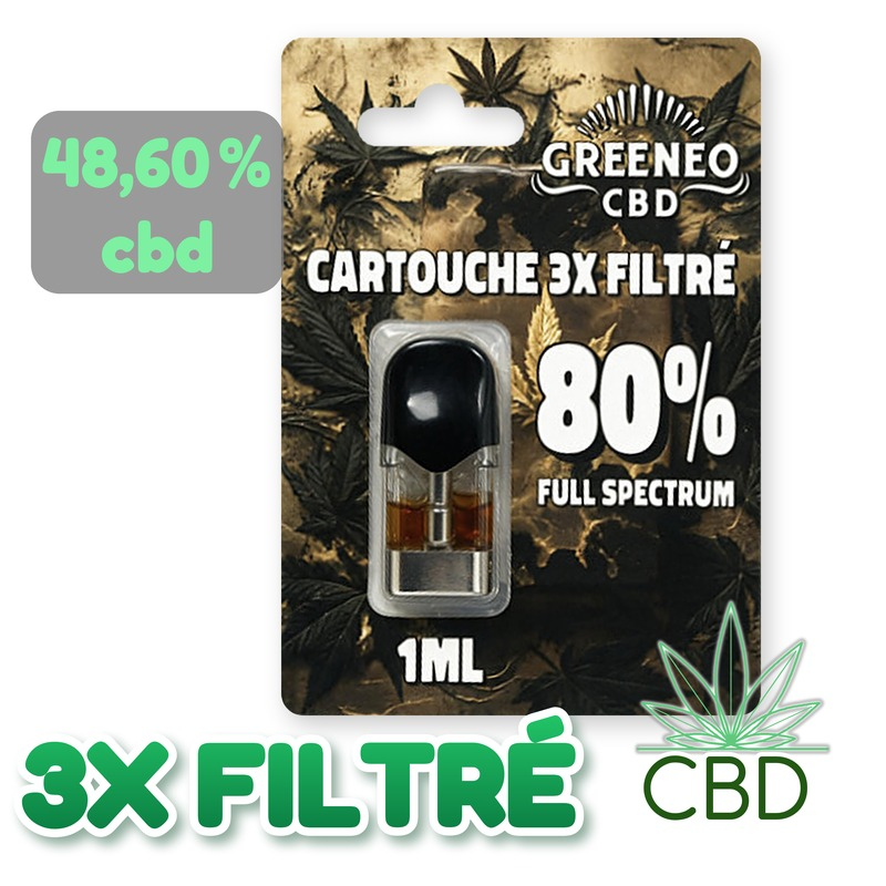 Cartouche CBD Greeneo 3X Filtré – 48,60 % CBD Full Spectrum – 1 ml